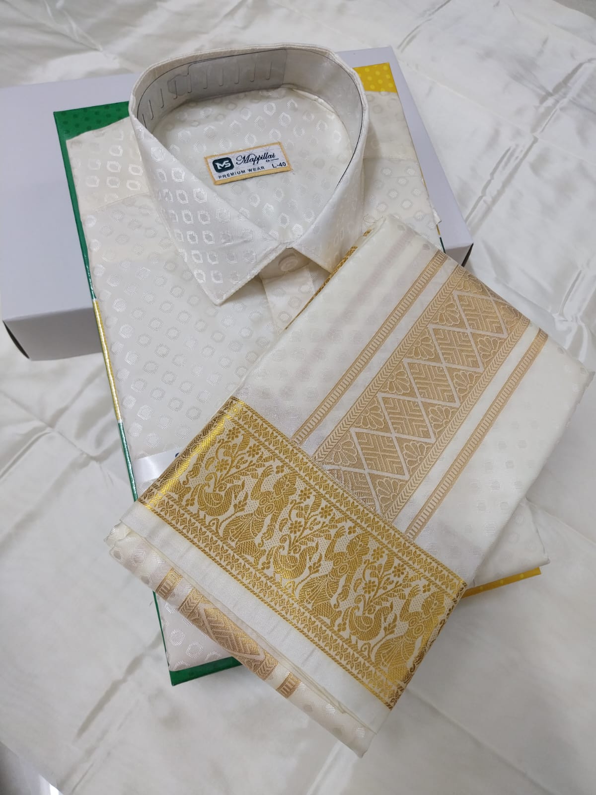 Premium Pattu Emboss Round & Different Design Border Shirt - Dhoti - White