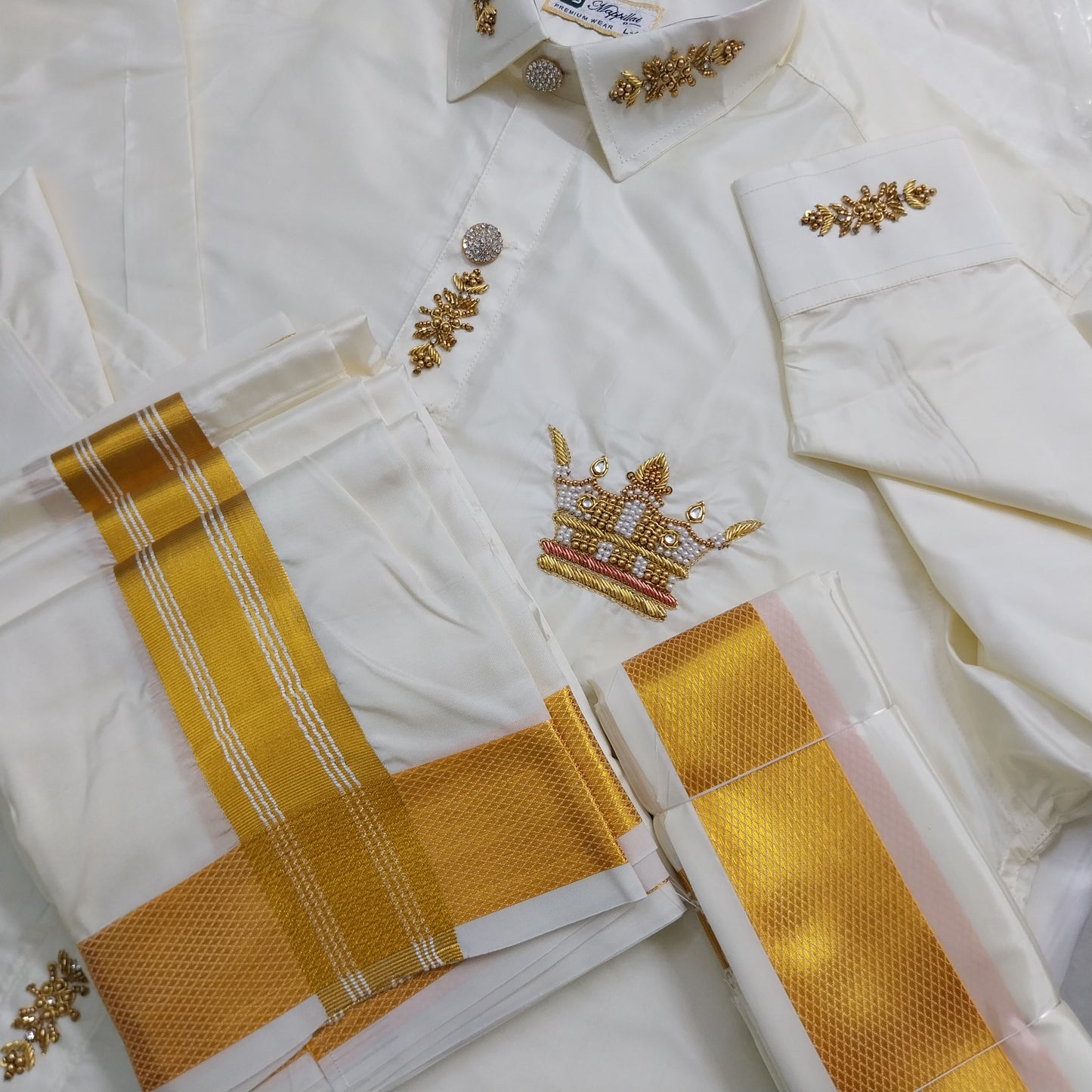 Pure Silk Dhoti Set for Men – Hand Embroidered Aari Work Wedding Wear