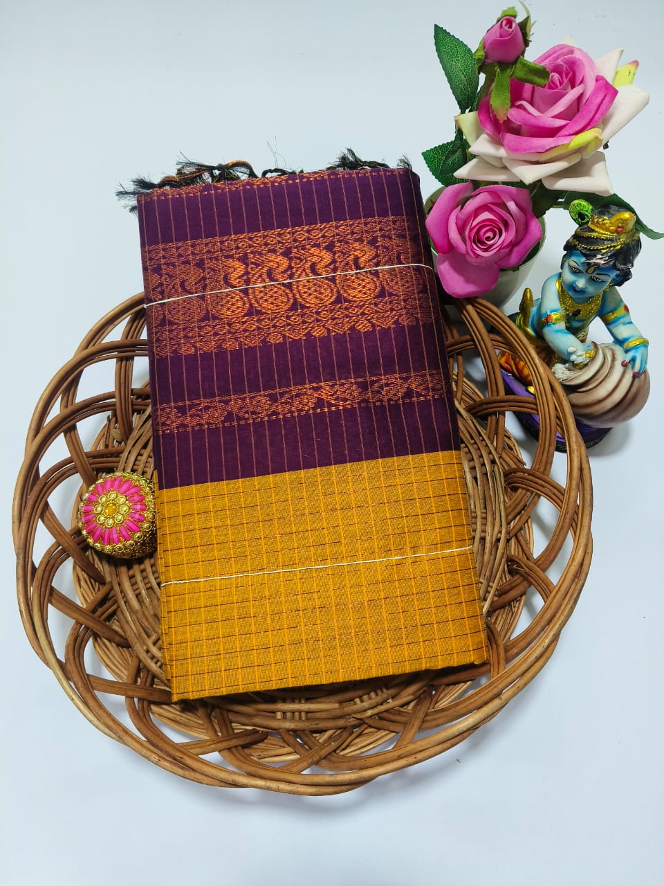 Kalyani cotton checked saree/Lata Gadwal Paithani Yellow with Purple