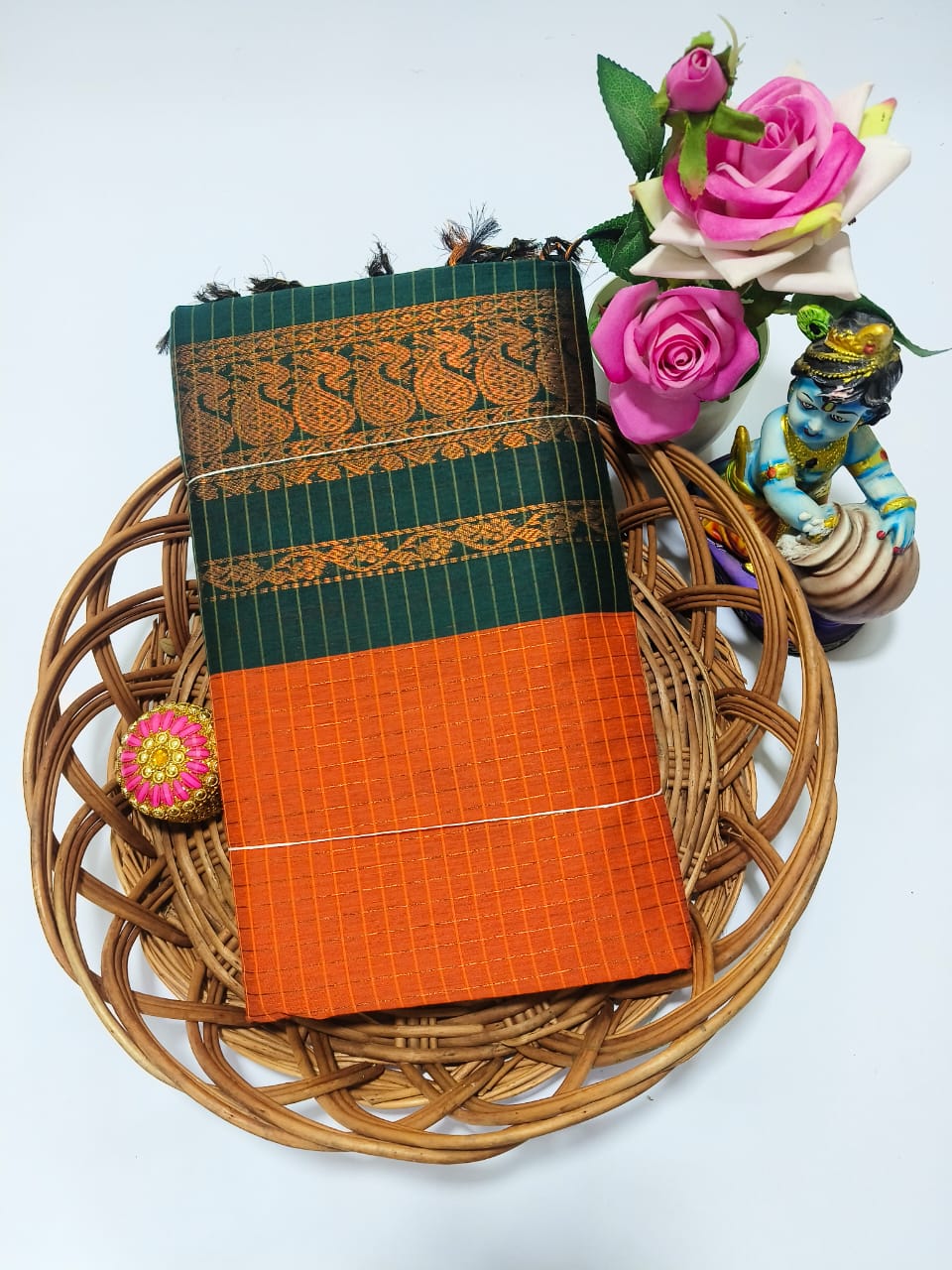 Kalyani cotton checked saree/Lata Gadwal Paithani - Orange with Green