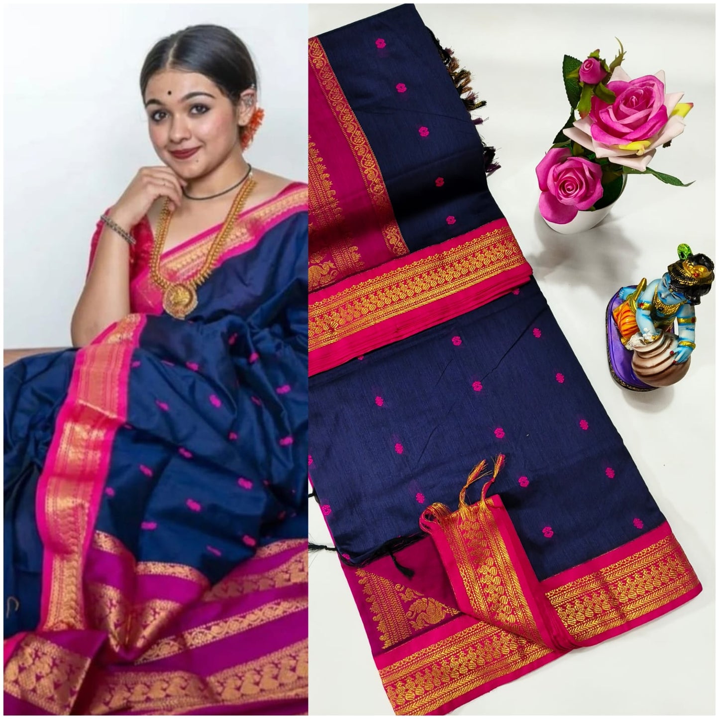 Premium Quality Kalyani cotton saree/Lata Gadwal Paithani - Dark Blue