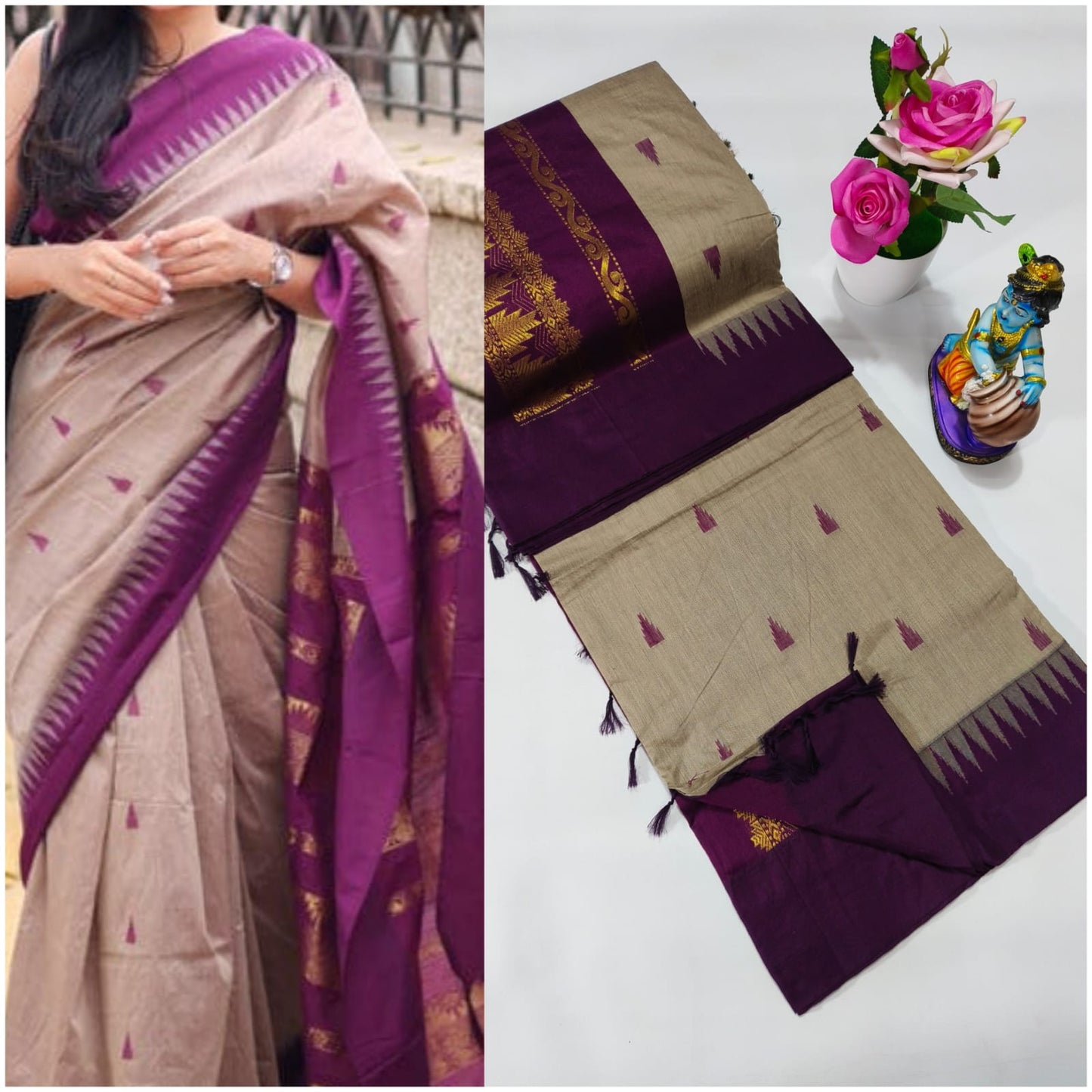 Premium Quality Kalyani cotton saree/Lata Gadwal Paithani - Sand Ston