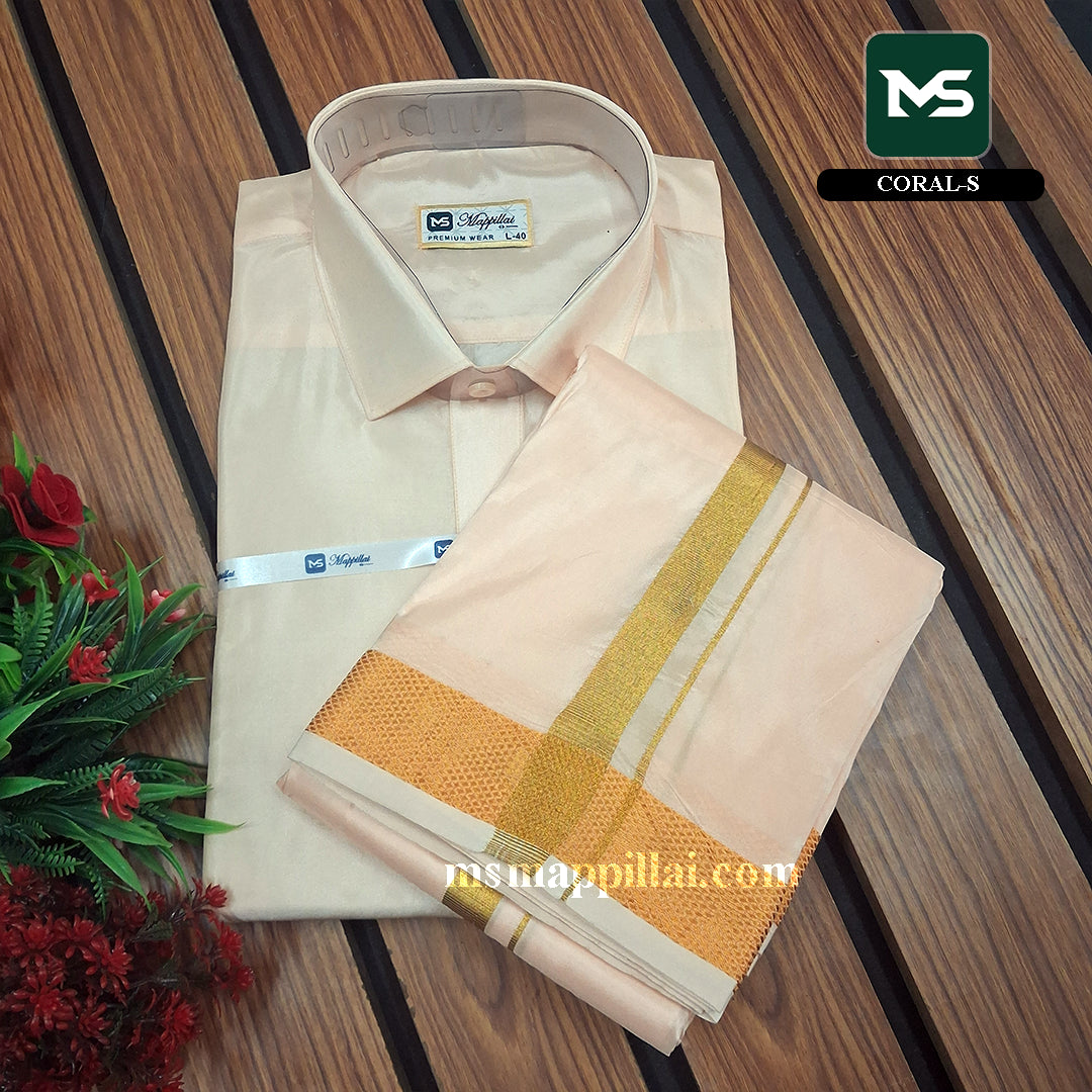 Royal Vastram Shirt and Dhoti Coral With Gold