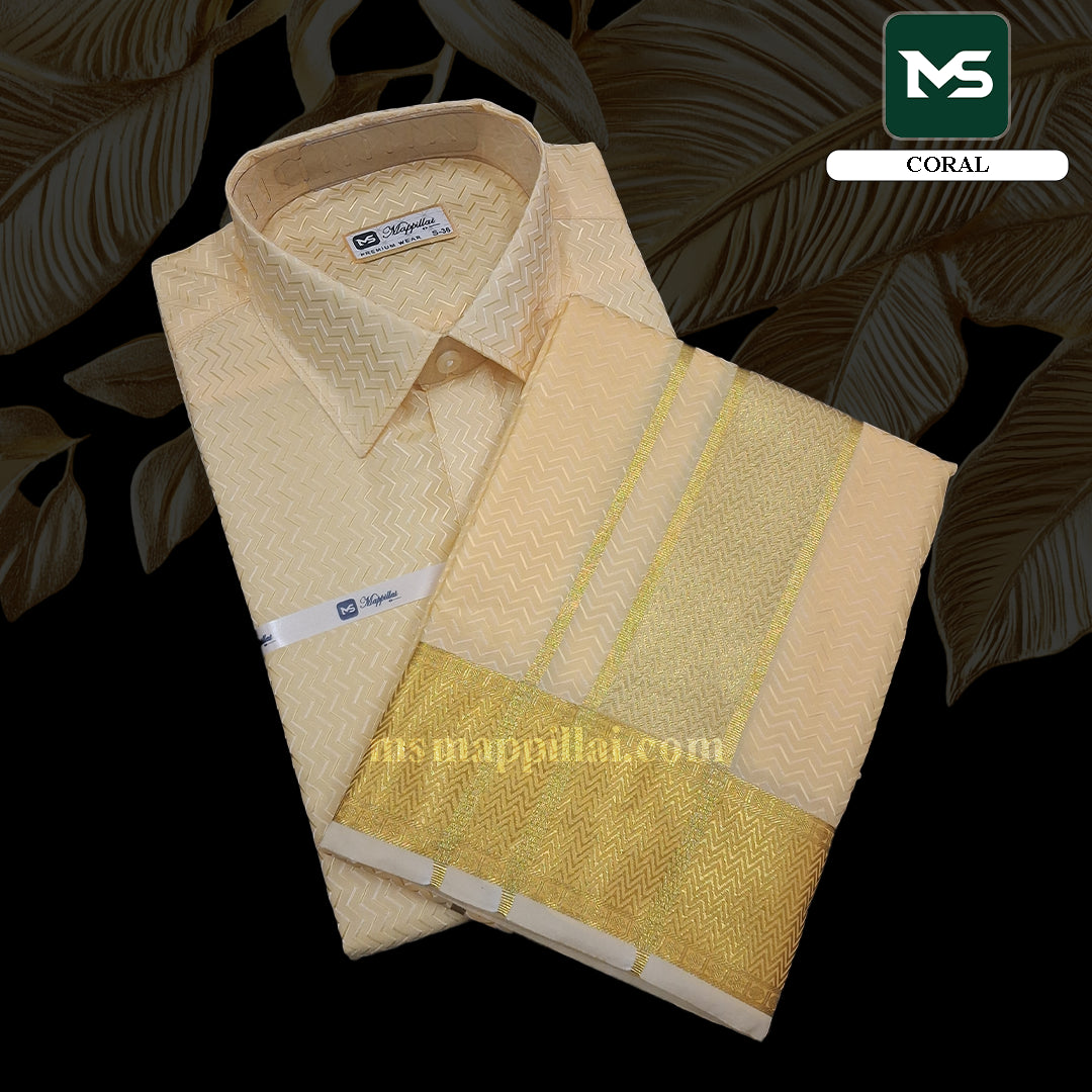 Muhurtham Silk Shirt and Dhoti - Coral