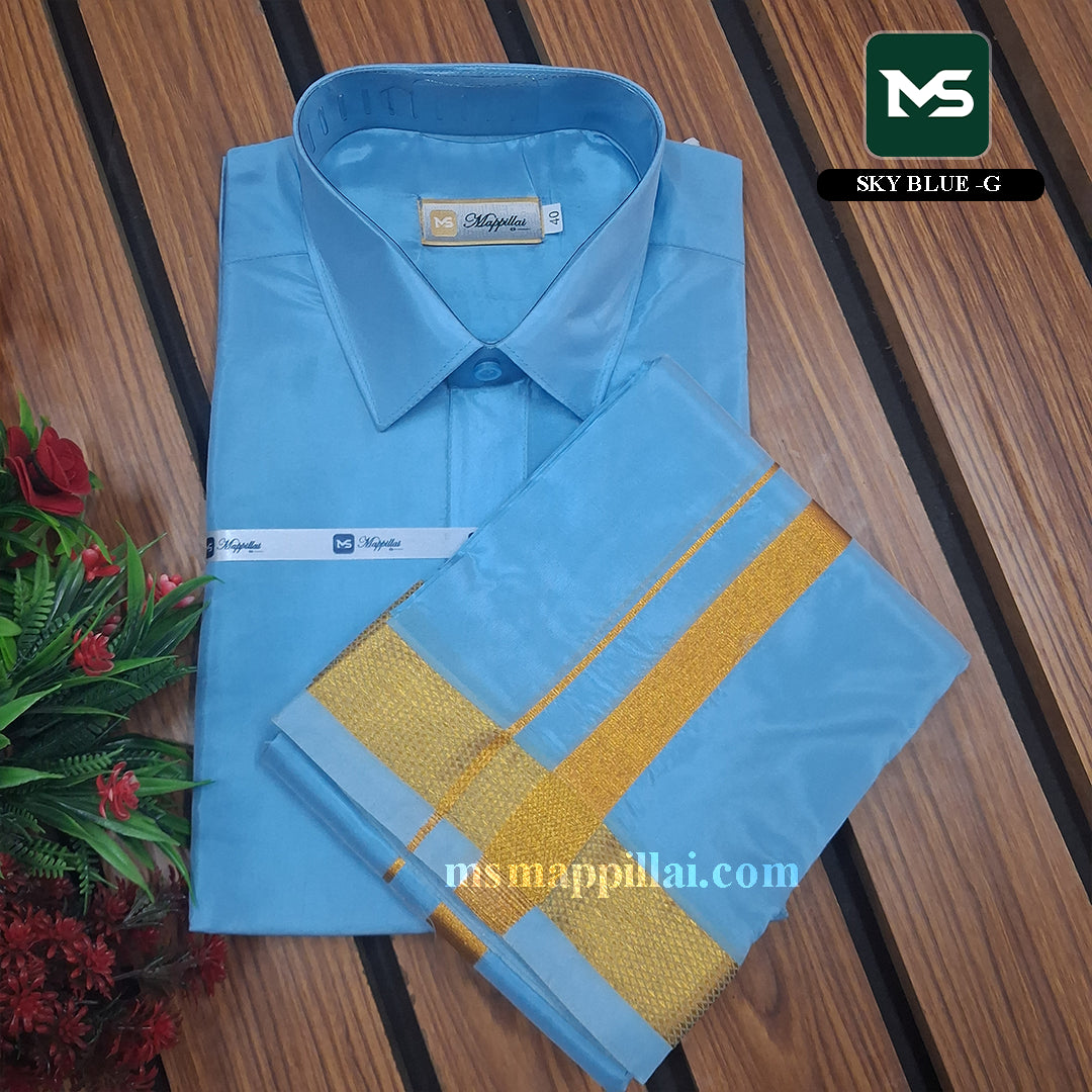 Royal Vastram Shirt and Dhoti Sky Blue With Gold