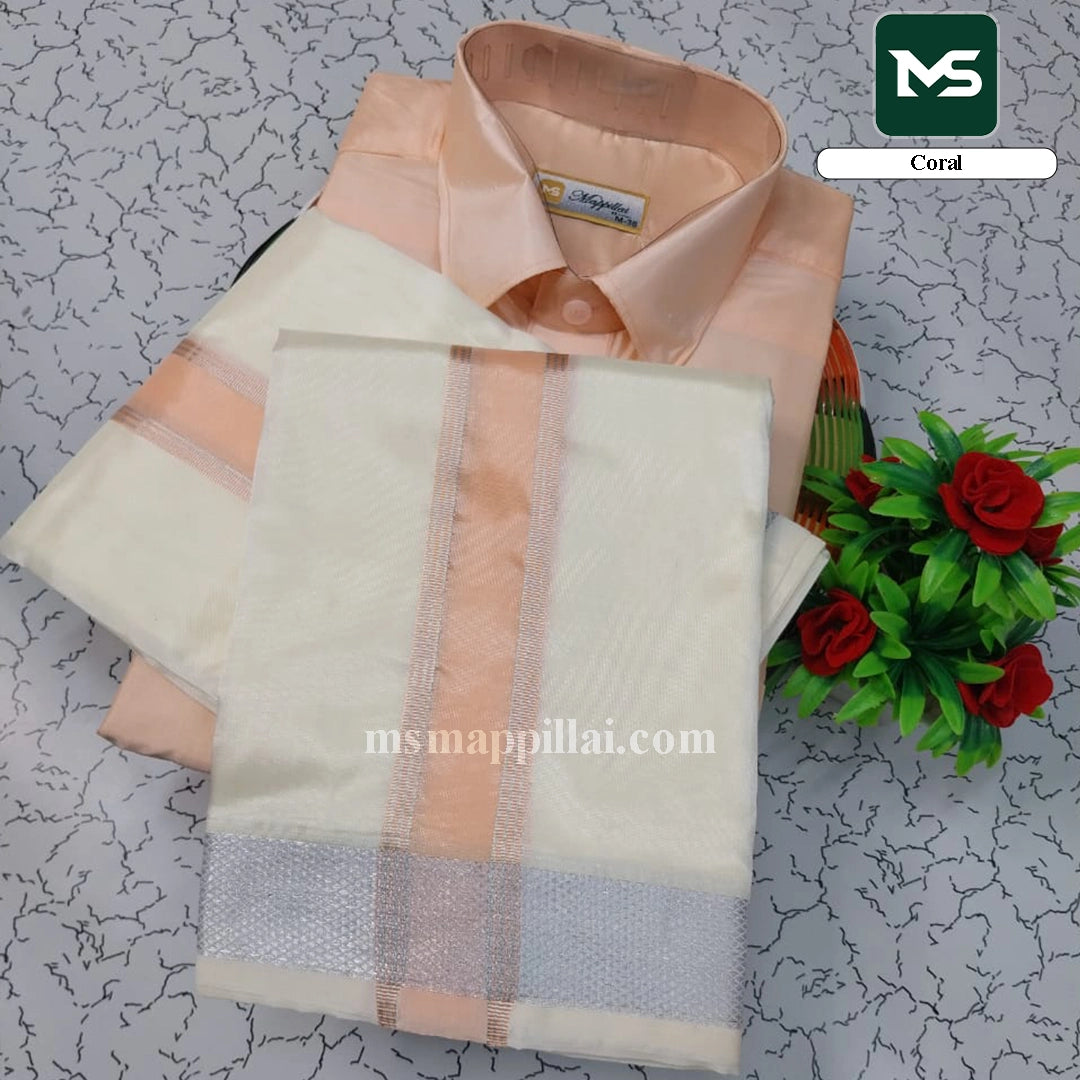 Royal Fancy Border Shirt and Dhoti - Coral