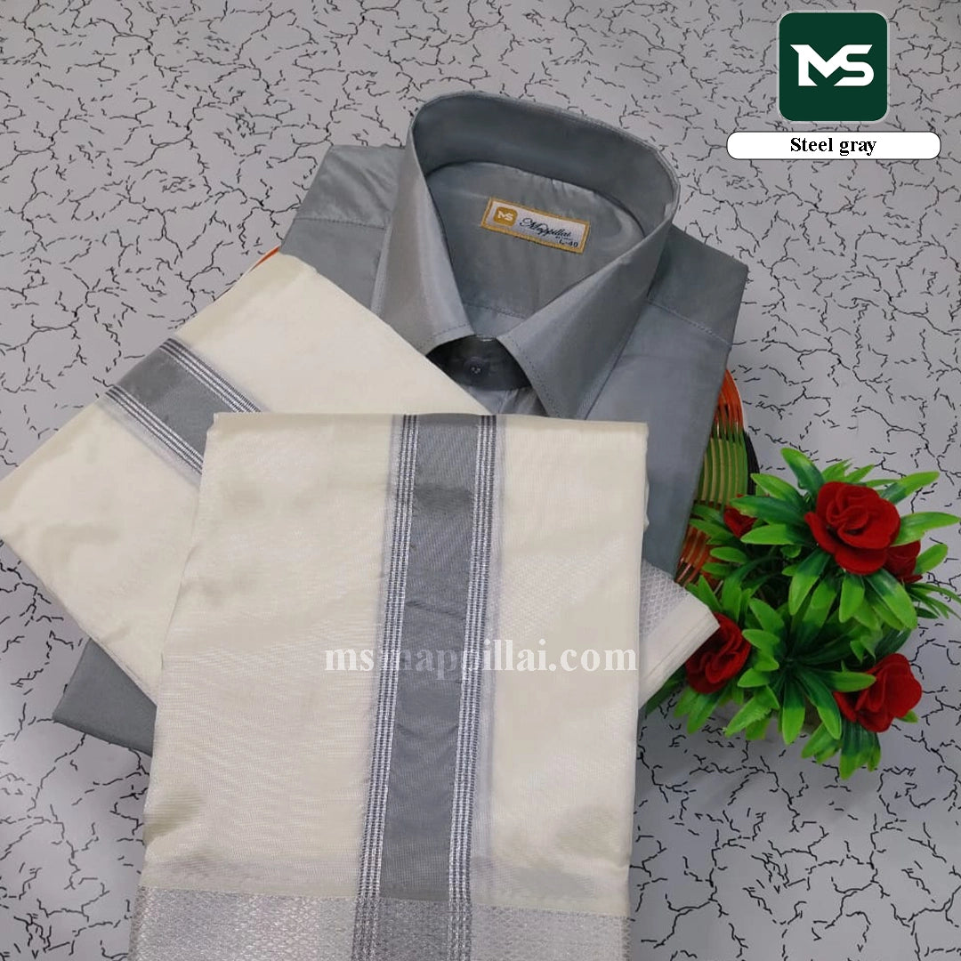 Royal Fancy Border Shirt and Dhoti - Steel Gray