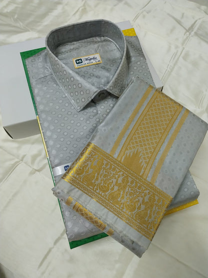 Premium Pattu Emboss Round & Different Design Border Shirt - Dhoti - Steel Gray