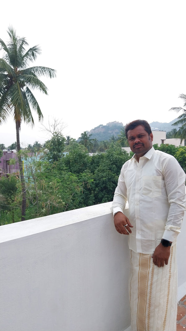 Premium Dhoti & Shirt Different Design Border Shirt - Dhoti - WHITE