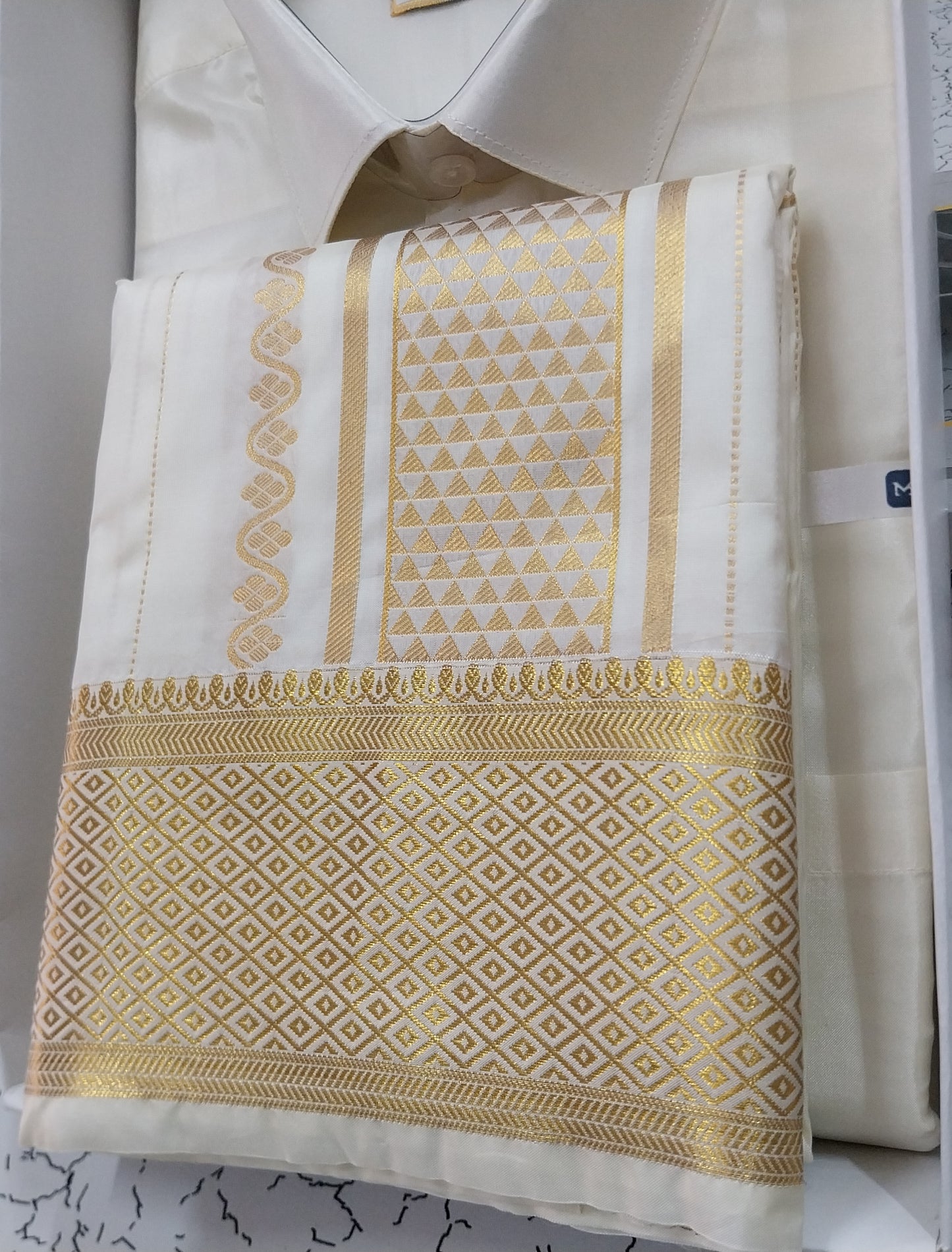 Premium Dhoti & Shirt Different Design Border Shirt - Dhoti - WHITE