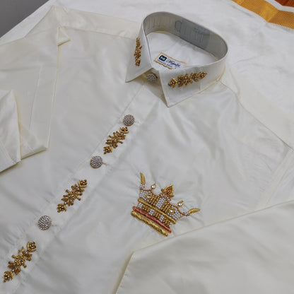 Pure Silk Dhoti Set for Men – Hand Embroidered Aari Work Wedding Wear