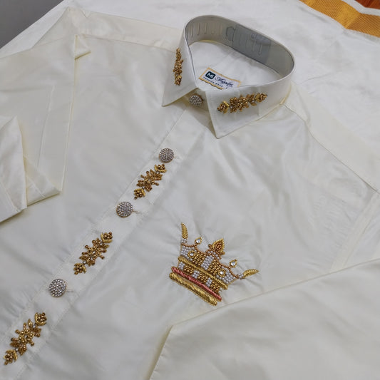 Pure Silk Dhoti Set for Men – Hand Embroidered Aari Work Wedding Wear