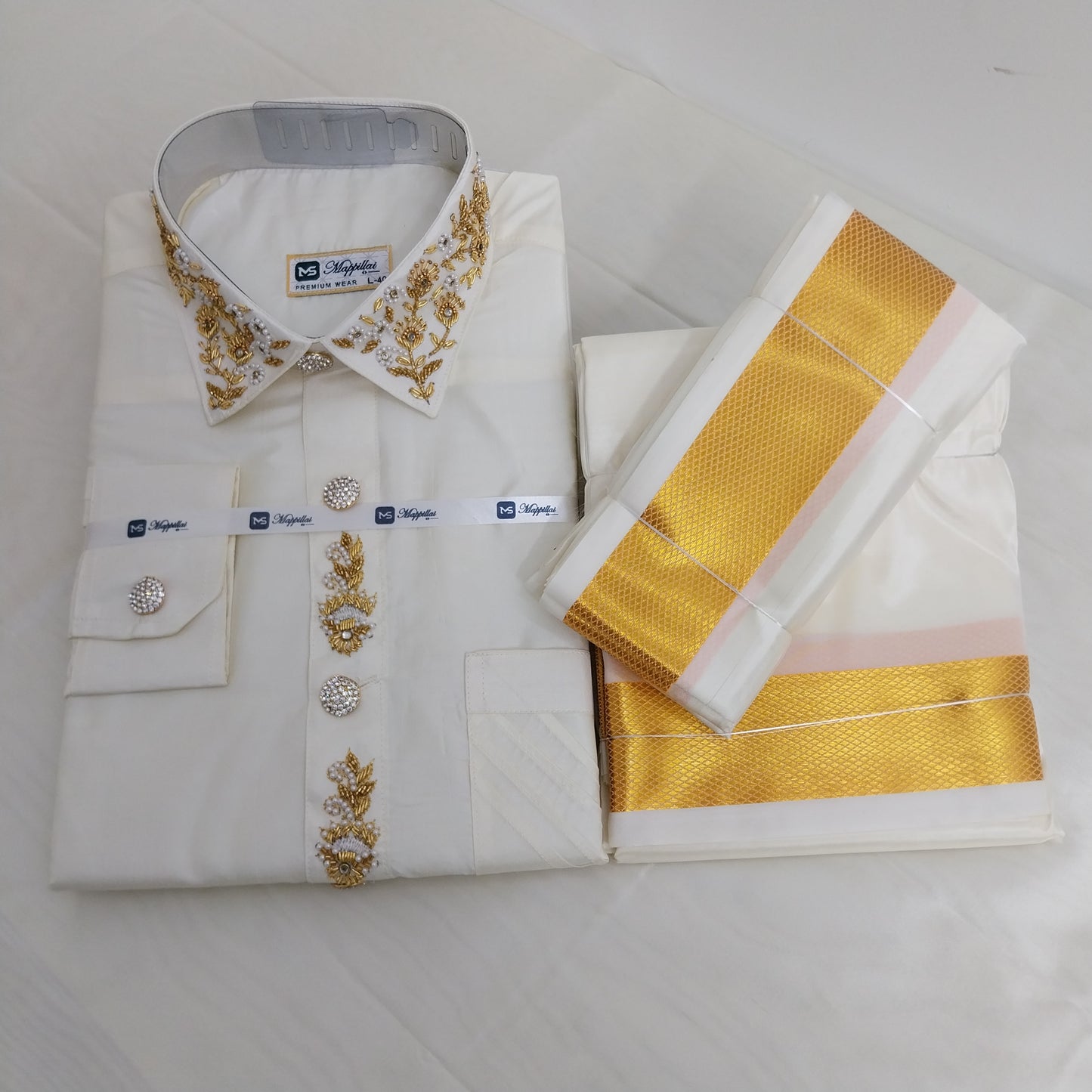 Pure Silk Dhoti Set for Men – Hand Embroidered Aari Work Wedding Wear RIW02