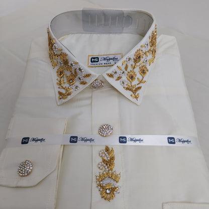 Pure Silk Dhoti Set for Men – Hand Embroidered Aari Work Wedding Wear RIW02