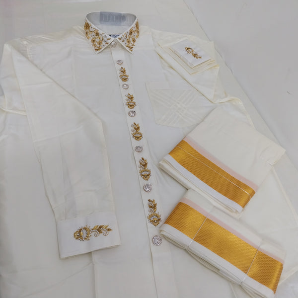 Pure Silk Dhoti Set for Men – Hand Embroidered Aari Work Wedding Wear RIW02