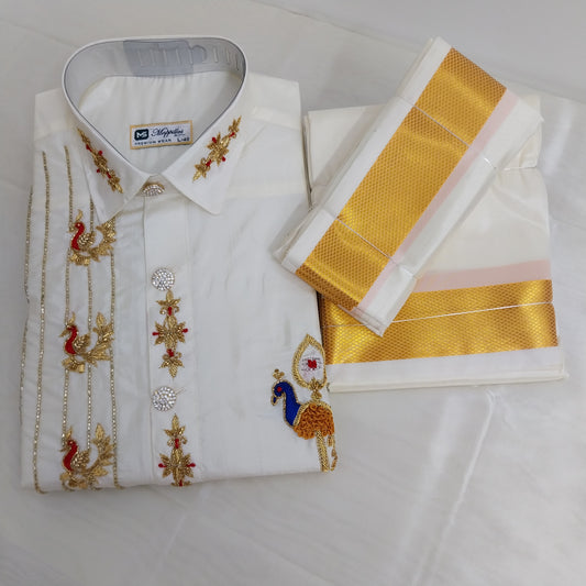 Pure Silk Dhoti Set for Men – Hand Embroidered Aari Work Wedding Wear RIW03