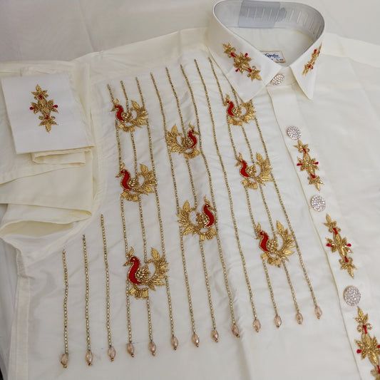 Pure Silk Dhoti Set for Men – Hand Embroidered Aari Work Wedding Wear RIW03