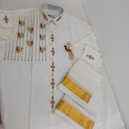 Pure Silk Dhoti Set for Men – Hand Embroidered Aari Work Wedding Wear RIW03