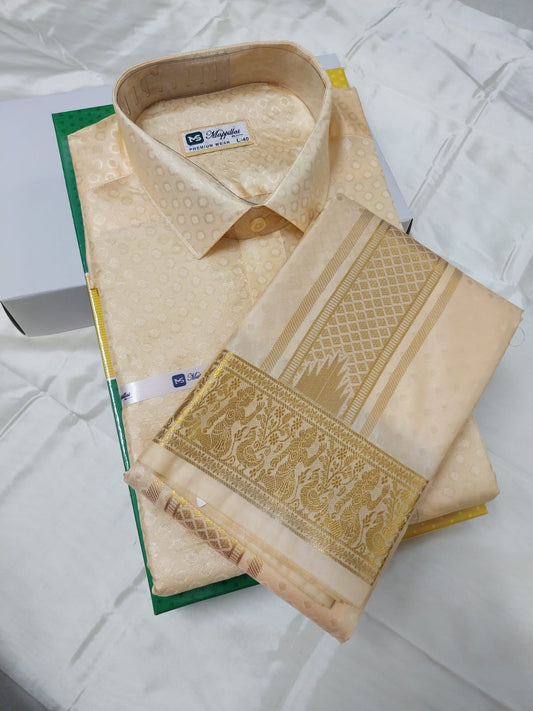 Premium Pattu Emboss Round & Different Design Border Shirt - Dhoti - Coral
