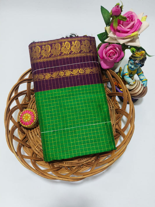 Kalyani cotton checked saree/Lata Gadwal Paithani - Green with Dark Purple