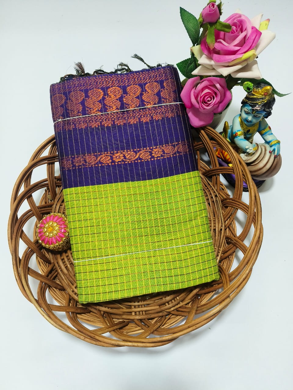 Kalyani cotton checked saree/Lata Gadwal Paithani - Light Green With Dark Blue