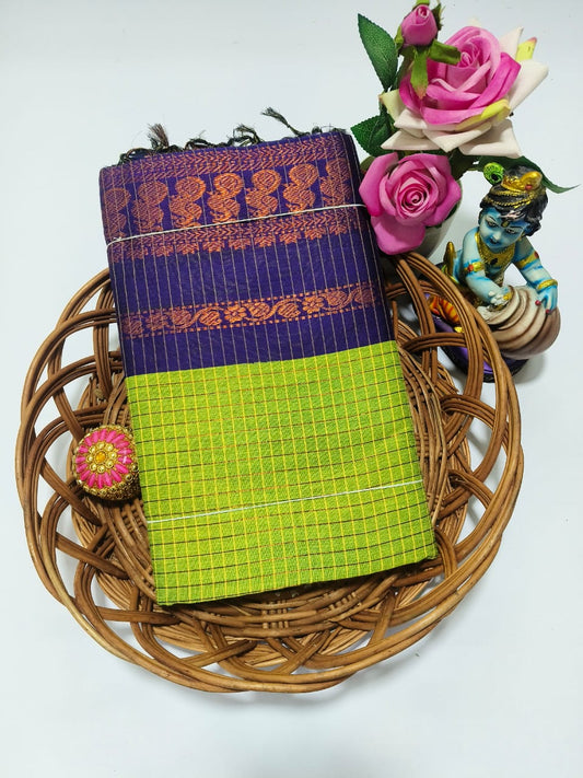 Kalyani cotton checked saree/Lata Gadwal Paithani - Light Green With Dark Blue