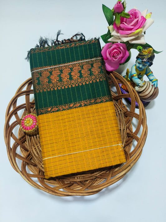 Kalyani cotton checked saree/Lata Gadwal Paithani -  Yellow With Dark Green