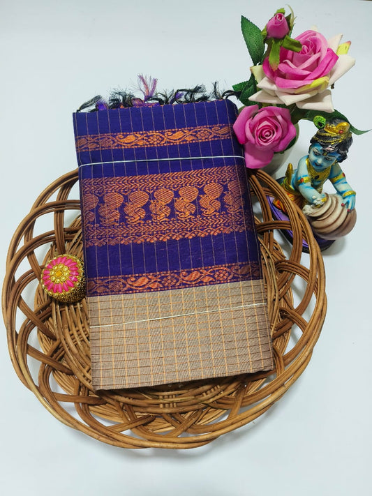 Kalyani cotton checked saree/Lata Gadwal Paithani -  Dark Sandal With Blue