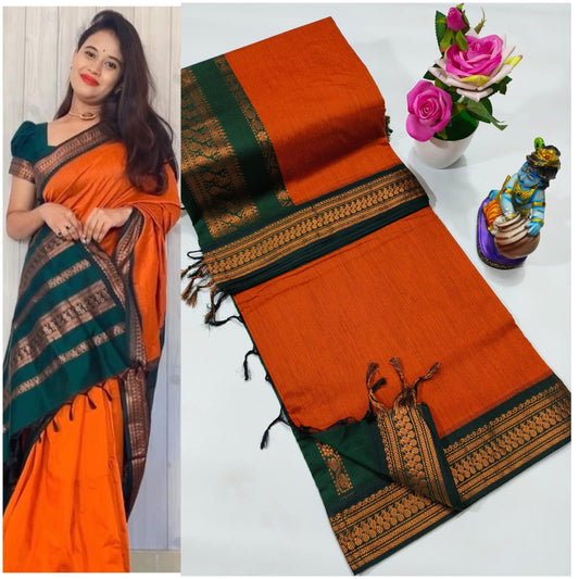 Premium Quality Kalyani cotton saree/Lata Gadwal Paithani - Orange