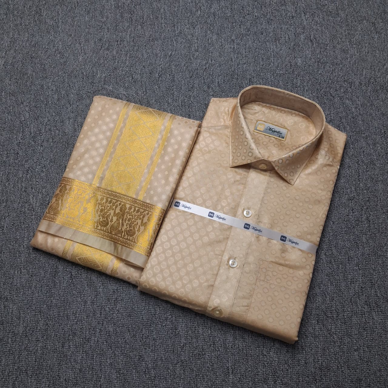 Premium Pattu Emboss Round & Different Design Border Shirt - Dhoti - Beach