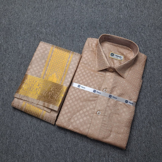 Premium Pattu Emboss Round & Different Design Border Shirt - Dhoti - Copper
