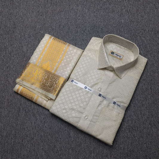 Premium Pattu Emboss Round & Different Design Border Shirt - Dhoti - White