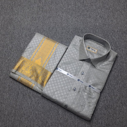 Premium Pattu Emboss Round & Different Design Border Shirt - Dhoti - Steel Gray