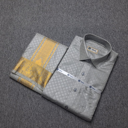 Premium Pattu Emboss Round & Different Design Border Shirt - Dhoti - Steel Gray