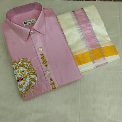 Pure Silk Dhoti Set for Men – Hand Embroidered Aari Work Wedding Wear RIW05