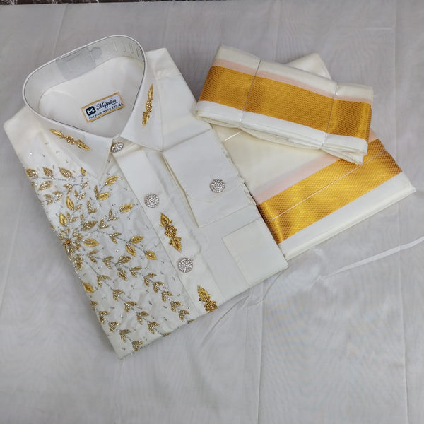 Premium White & Gold Aari Work Dhoti Set – Hand Embroidered Aari Work Wedding Wear RIW07