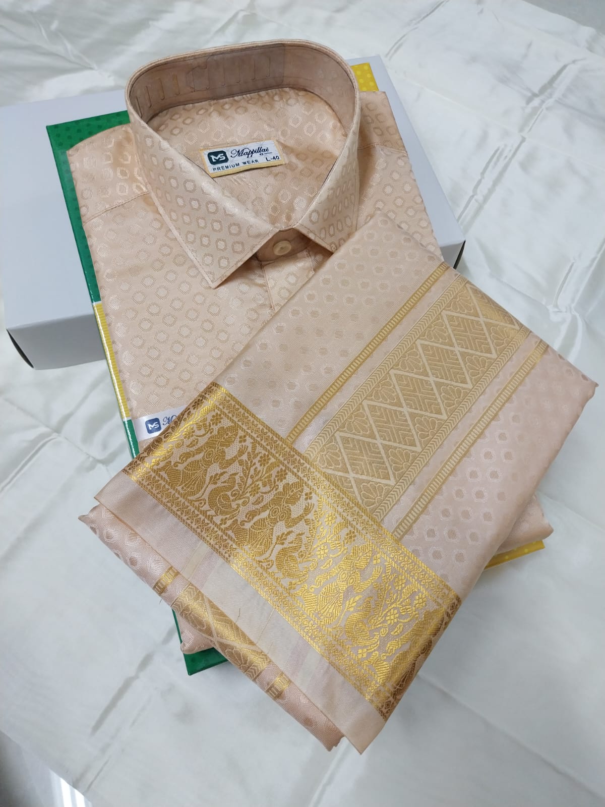 Premium Pattu Emboss Round & Different Design Border Shirt - Dhoti - Beach