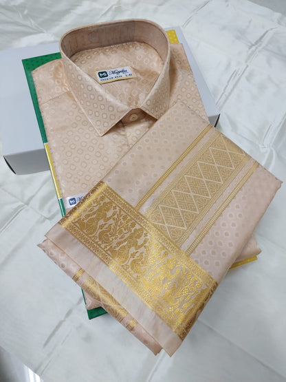Premium Pattu Emboss Round & Different Design Border Shirt - Dhoti - Beach