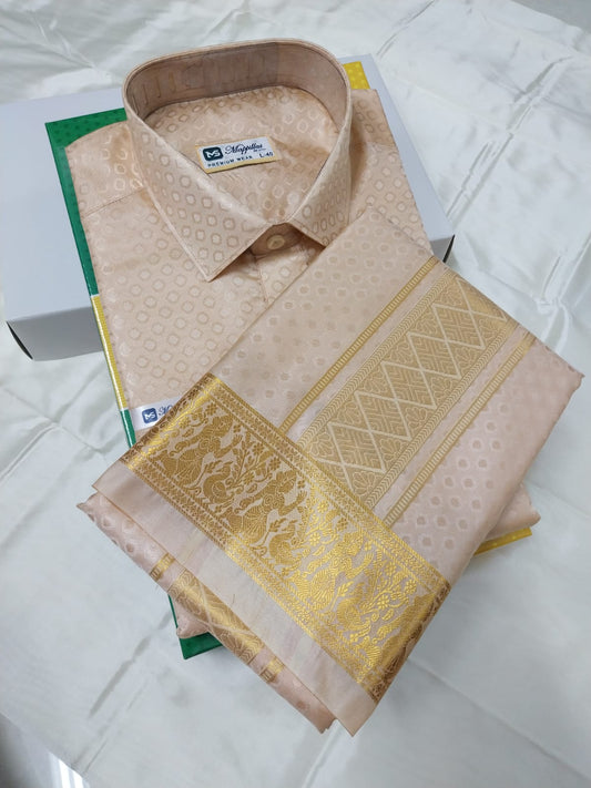 Premium Pattu Emboss Round & Different Design Border Shirt - Dhoti - Beach