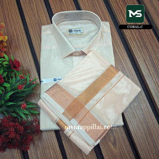 Royal Vastram Shirt and Dhoti Coral With Copper