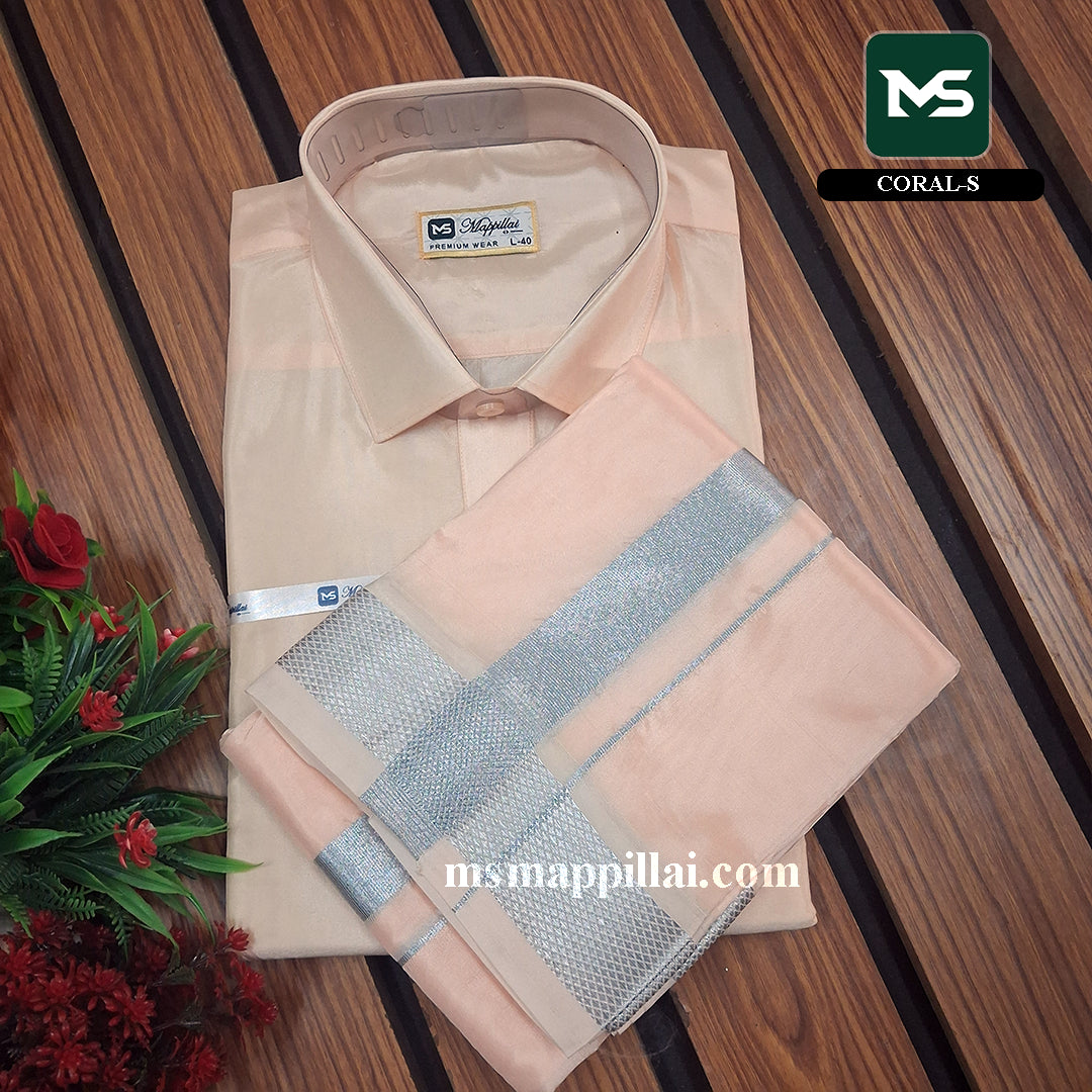 Royal Vastram Shirt and Dhoti Coral With Silver