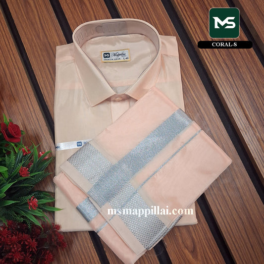 Royal Vastram Shirt and Dhoti Coral With Silver