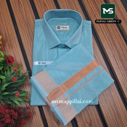 Royal Vastram Shirt and Dhoti Pastel Green With Copper