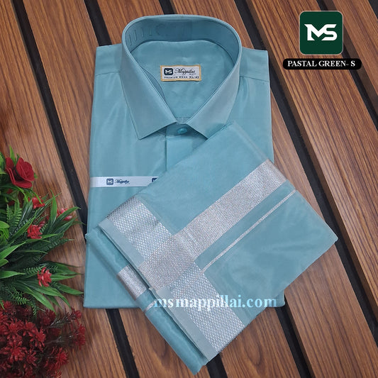 Royal Vastram Shirt and Dhoti Pastel green With Silver