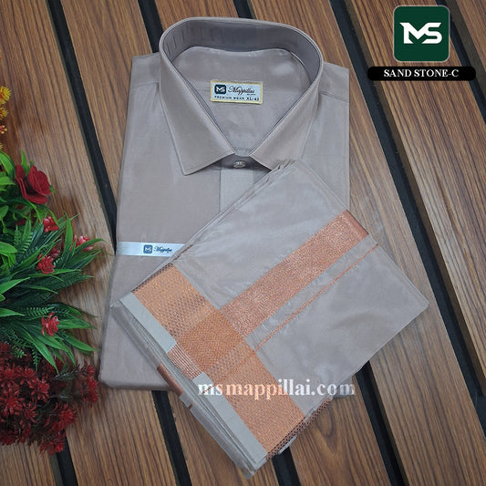 Royal Vastram Shirt and Dhoti Sand stone With Copper