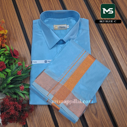 Royal Vastram Shirt and Dhoti Sky Blue With Copper