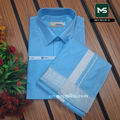 Royal Vastram Shirt and Dhoti Sky Blue With Silver