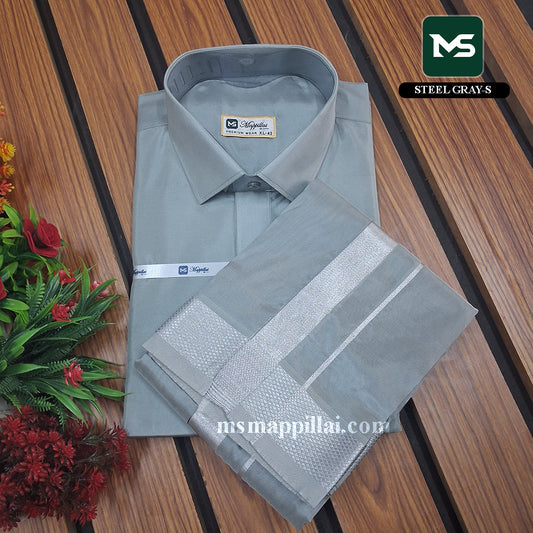 Royal Vastram Shirt and Dhoti steel gray With Silver