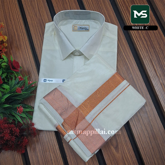 Royal Vastram Shirt and Dhoti White with Copper