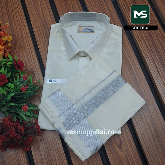 Royal Vastram Shirt and Dhoti White With Silver